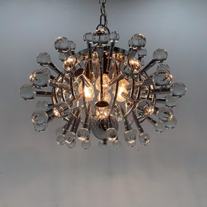 Unique Italian Space Age Chrome & Crystal Glass Chandelier, 1970s / Italian Design / Mid-Century Modern / Vintage Lighting