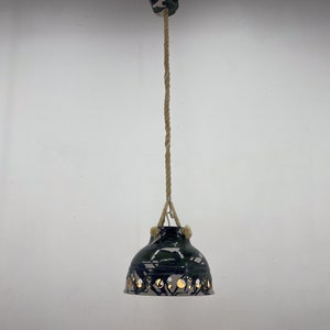 1970s Ceramic Pendant Light Suspended on a on Rope, Denmark / Danish Lighting / Long Pendant Light / Ceramic Light