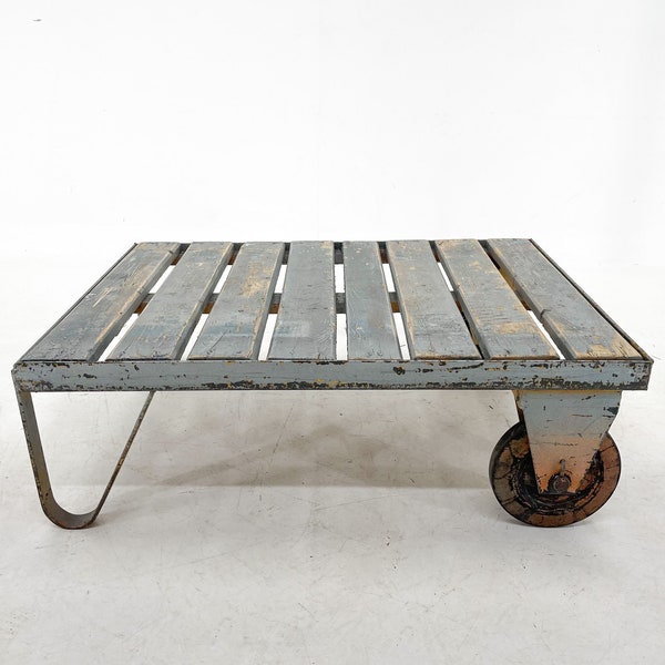 vintage Industrial Metal & Wood Coffee Table / Industrial Small Table on Wheels / Industrial Side Table