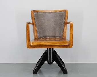 Jaren 30 gerestaureerde art-decohouten draaibare kantoorfauteuil / midden van de eeuw / vintage /