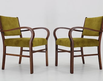 Paire de fauteuils Art déco en hêtre restauré des années 1940, Tchécoslovaquie / Milieu du siècle / Fauteuil vintage / Couleur verte /