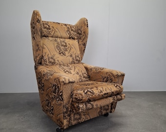 Mid Century Czech Plush Wingback Recliner Chair on Wheels Vintage 1970s