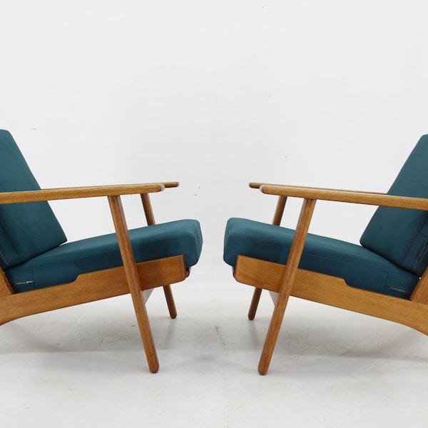 1960s Hans J. Wegner Pair of GE 290 Armchairs in Oak for Getama,Denmark / Mid-century / Blue Colour / Vintage Armchair /