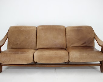 1970s Brutalist Dutch Oak and Leather 3 Seater Sofa/ Vintage Sofa / Mid-century / Brown Colour /