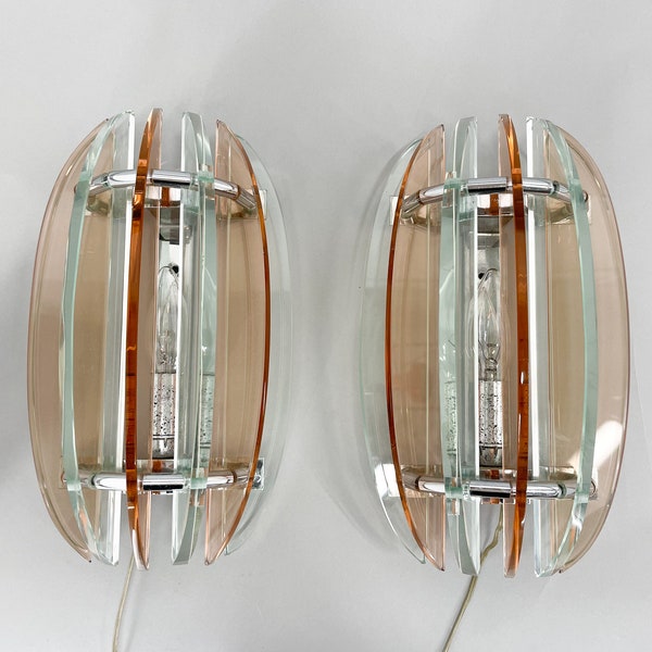 Pair of Italian Murano Glass & Chrome Sconces by Veca, Marked / Mid Century Wall Lamps / Set of Two Vintage Wall Lights / Italian Design