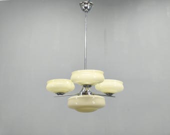 Bauhaus Chandelier Art Deco Pendant Lamp Czech Milk Glass Chrome 1930s