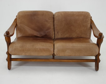 1970s Brutalist Dutch Oak and Leather 2 Seater Sofa / Vintage Sofa / Mid-century / Brown Colour /