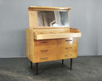 Mid Century Vanity Dresser UP Zavody Mirror Chest Birch Veneer Czechoslovakia 1970s
