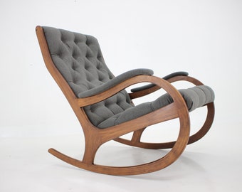 Fauteuil à bascule en hêtre des années 1970, Tchécoslovaquie / Fauteuil à bascule du milieu du siècle / Meuble vintage / Nouveau rembourrage / Remis à neuf