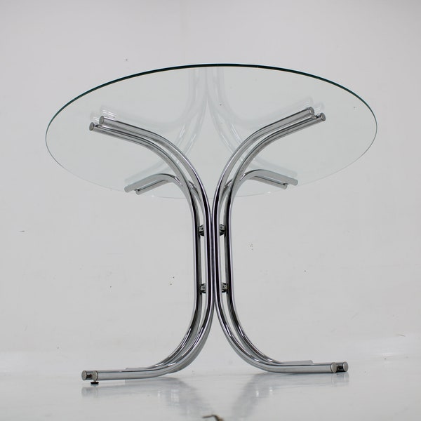 Table de salle à manger ronde en verre et plaqué chrome, Italie des années 1980