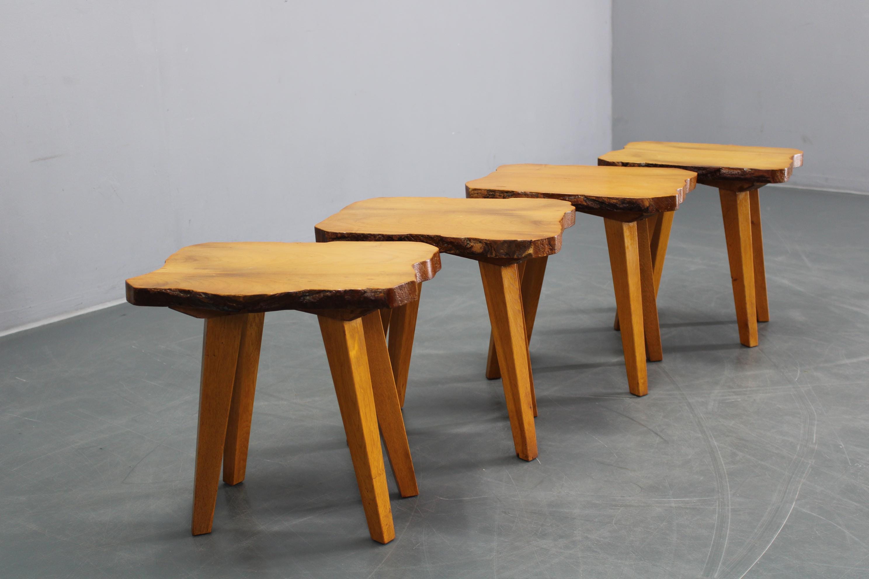 Set of 4 Vintage Brutalist Stools, Organic Edge Beech & Oak