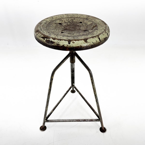 Vintage Industrial Steel & Wood Tripod Stool with Original Patina, 1950's