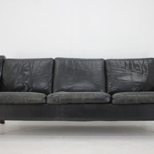 Sofá de 3 plazas de cuero negro danés de los años 70 / Sofá de mediados de siglo / Sofá de cuero vintage / Negro