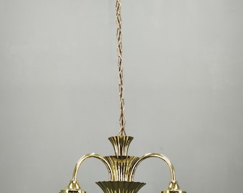 1930s Art Deco Chandelier Czechoslovak Brass Opaline Glass Globe Vintage Ceiling Light Fixture