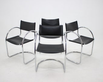 1970s Set of Four Chrome and Leather Tubular Chairs, Czechoslovakia / Vintage Chairs / Mid-century