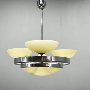Art Deco Chandelier Opaline Glass Chrome Pendant Czech Functionalist Ceiling Lamp