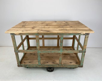 Vintage Czech Wooden Cart on Wheels / Kitchen Island / Vintage Industrial Furniture / Original Paint