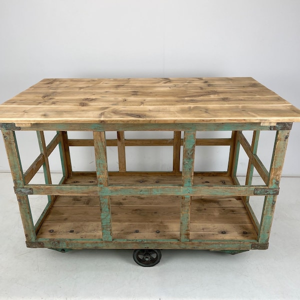 Vintage Czech Wooden Cart on Wheels / Kitchen Island / Vintage Industrial Furniture / Original Paint