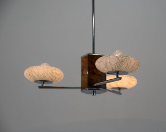 Art Deco Wood Chrome and Glass Chandelier, 1940&#39;s, Restored / Art Deco Lighting