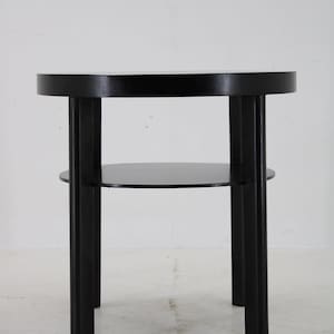 May include: A black round side table with a lower shelf. The table has four legs and a simple design.