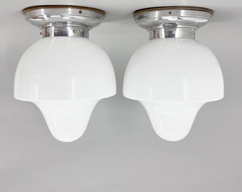 Pair of Mid-Century Chrome & Milk Glass Ceiling Ligts, Restored / Vintage Lighting / Flush Mount / Set of Two