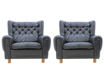 Set di poltrone in pelle nera di metà secolo, anni '70