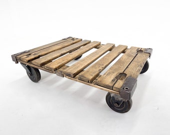 Vintage Industrial Iron & Wood Coffee Table on Wheels / Industrial Side Table / Industrial Style