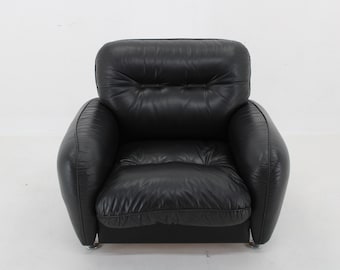 1970s Italian Black Leather Armchair, Mid-Century Modern Sofa