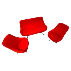 May include: A set of modern red furniture, including a two-seater sofa and two armchairs. The furniture has a curved design with metal legs, set against a white background. The chairs and sofa are upholstered in a vibrant red fabric.