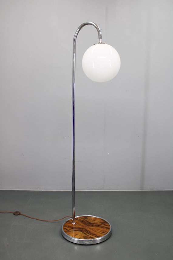 Art Deco Chrome Floor Lamp with Milk Glass Globe and Walnut Base, 1930s Czechoslovakia