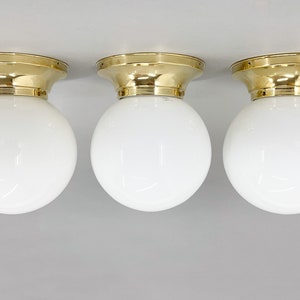 Set of Three Mid-Century Brass and Milk Glass Ceiling Ligts, Restored / Mid-century Lighting / Brass Base / Milk Glass Shade