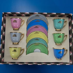 Set of Six Cups and Saucers with Tank Motif, Karlovy Vary, 1970's, Unused / Vintage Coffee Set / Small Cups