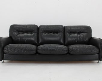 Vintage Black Leather 3-Seater Sofa, Italian Mid-Century Design