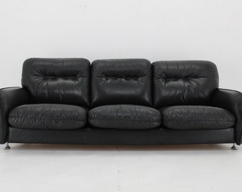 1970er 3-Sitzer Ledersofa, Italien / Vintage Sofa / schwarze Farbe / Mid Century /