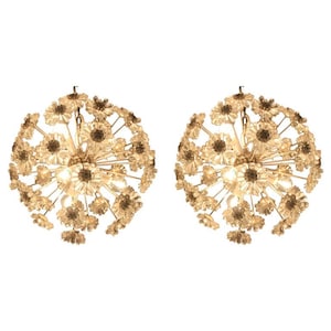 May include: Two matching chandeliers with a floral design. Each chandelier features a spherical shape with numerous clear, flower-shaped glass elements and a central light source. The metal frame has a gold finish, and the fixtures are suspended from the ceiling.