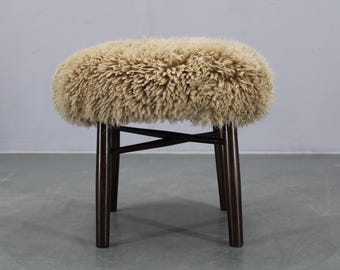 1950s Wooden Stool with Sheepskin Upholstery / Vintage stool / Mid century design