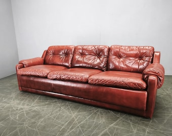 1970s Danish Red Leather Sofa Vintage 3 Seater Mid Century Modern Scandinavian Lounge Couch