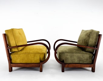 Pair of Art Deco Beech Wood Armchairs, 1930's, Newly Upholstered / Set of Two Armchairs / Restored