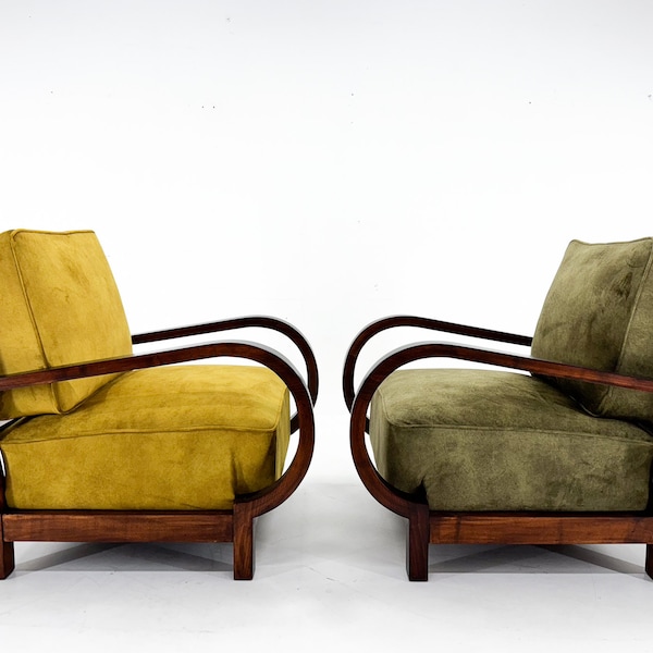 Paire de fauteuils Art Déco en bois de hêtre, années 30, nouvellement rembourrés / Ensemble de deux fauteuils / Restaurés