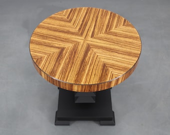 1980s Czech Cubist Side Table, Geometric Veneer & Lacquered Wood