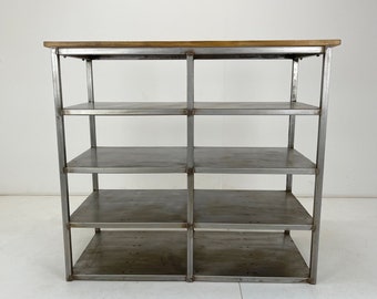 Vintage Industrial Brushed Steel Shelves with Wooden Top, 1960's / Industrial Shelves / Living Room Shelving