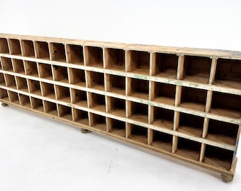 Long Vintage All-Wood Industrial Cabinet with 52 Compartments