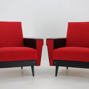 1970&#39;s Pair of Leatherette and Red Fabric Armchairs, Czechoslovakia / Vintage Armchairs / Black and Red / Set of Two Mid century Armchairs