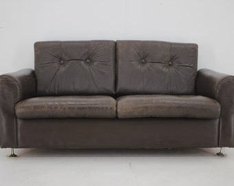 1970s Danish Brown Leather Sofa, Mid-Century 2-Seater