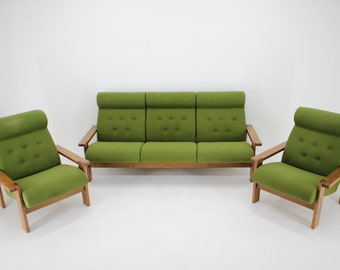 1970s Living Room Beech Set, Czechoslovakia / Vintage Furniture / Vintage Sofa & Two Armchairs