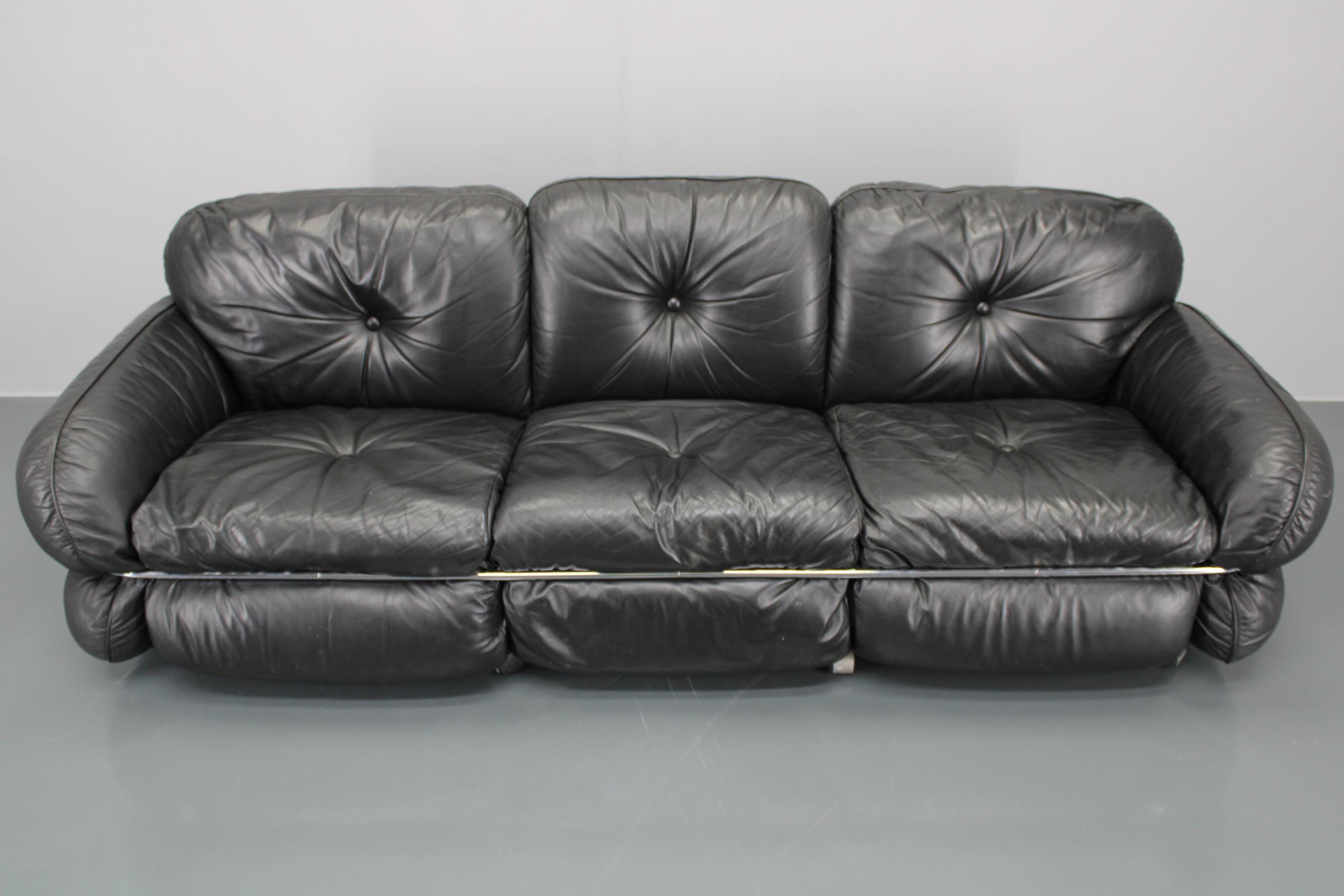 1970 Kurt Hvitsjö Rare “hannibal” Black 3- Seater Sofa for Isku