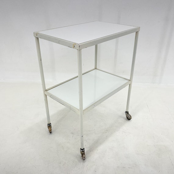 1950 s Hospital Table Trolley on Wheels With Opaxite Glass