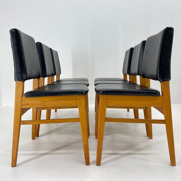 Set of 6 Leatherette & Wood Chairs, Czechoslovakia, 1960's / Six Vintage Dining Chairs / Wooden Chairs / Vintage Furniture