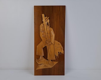 Midcentury Wooden Wall Relief Shepherd Czech Folk Art Carved Panel 1960s Vintage