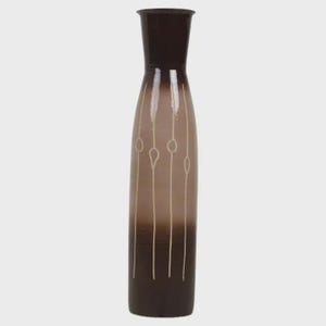May include: A tall, decorative vase with a brown gradient. The vase has a dark brown top and base, fading to a lighter brown in the middle. White, vertical lines with oval details decorate the vase, adding a touch of elegance.